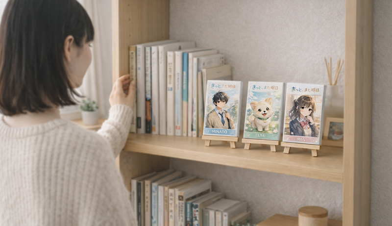 本棚に飾られたミニキャンバスボードの使用イメージ